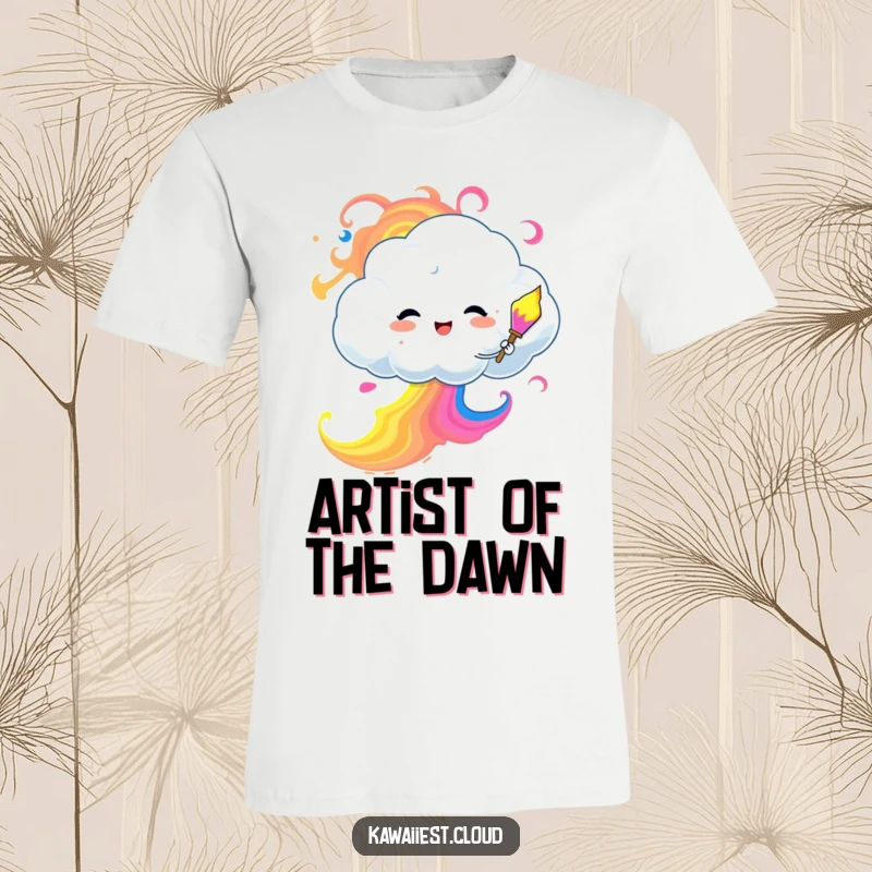 Funny T-Shirt depicting a playful cloud character creating a stunning, colorful sky with swirling paint strokes.