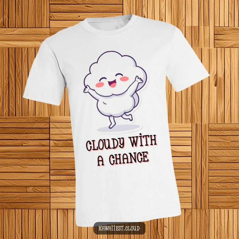 Funny t-shirt showcasing an ecstatic cloud character performing an energetic, captivating dance pose with infectious glee.