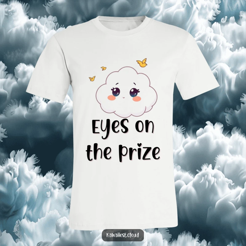 Funny T-Shirt depicting a cloud character with big, expressive eyes, fixated on small birds flying gracefully nearby.