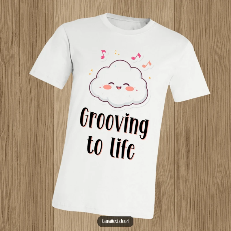 Funny t-shirt depicting a cloud character giggling with joy amidst a whimsical swirl of tiny, dancing musical notes.