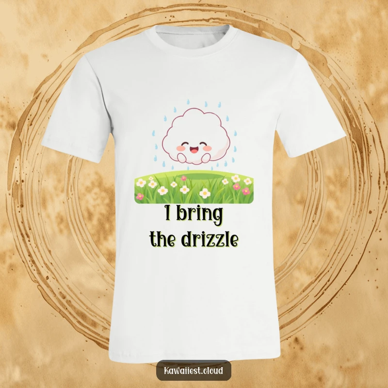 Funny T-Shirt: Joyful fluffy cloud character showering a green field with gentle rain, bringing smiles and sunshine.
