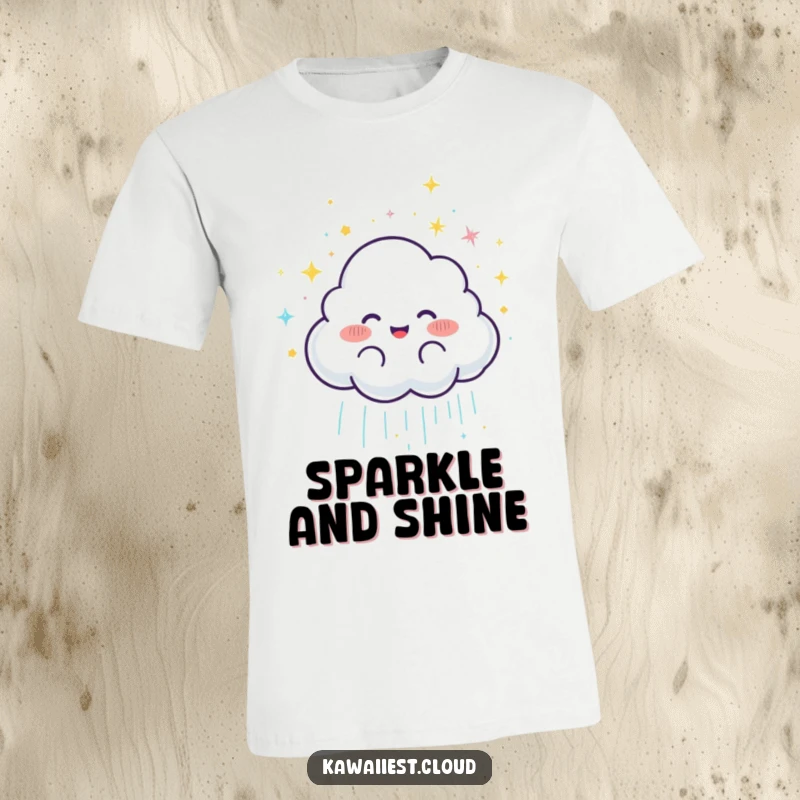 Funny Joyful Cloud Rain T-Shirt: A cheerful cloud character showers enchanting glittery rain, spreading happiness and shimmer.