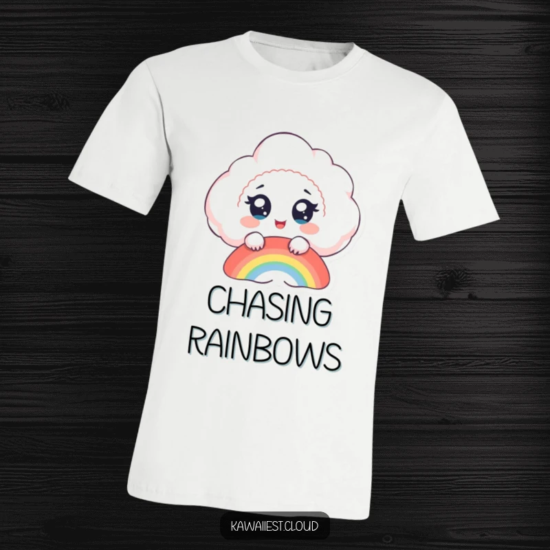 Funny cloud t-shirt, a delighted cloud with big eyes watches a rainbow form, radiating joy and wonder.
