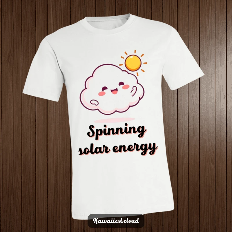 Funny t-shirt depicting a cloud character gleefully in motion, spinning a small, bright sun with apparent delight.