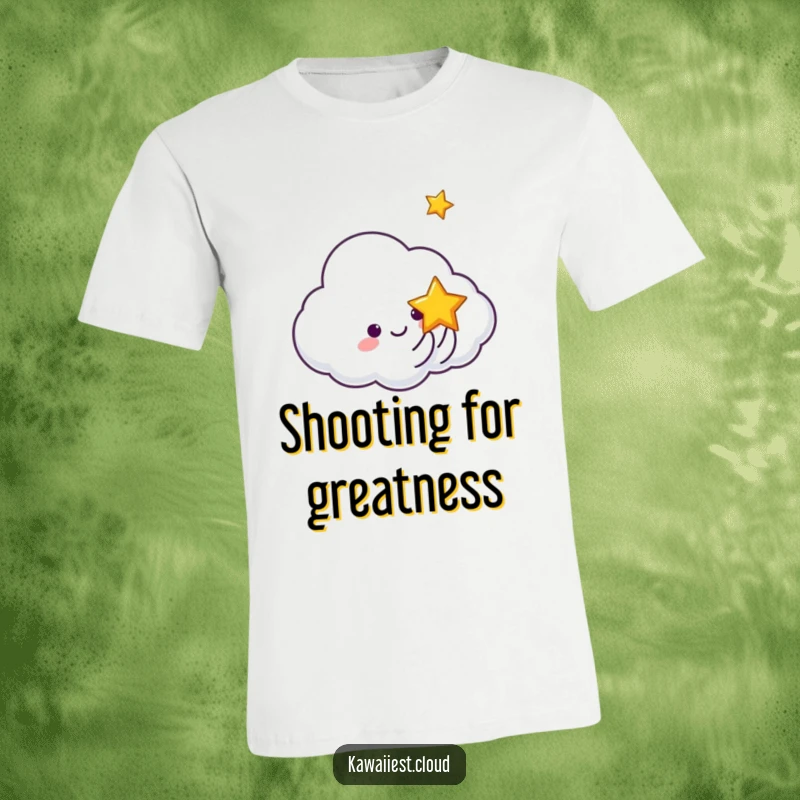 Funny t-shirt depicting a cloud character happily tossing a small, smiling star upwards with a cheerful expression.
