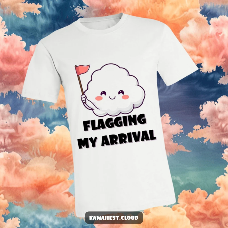 Funny t-shirt with a contented cloud character happily waving a small flag, representing peace and cheerful relaxation.