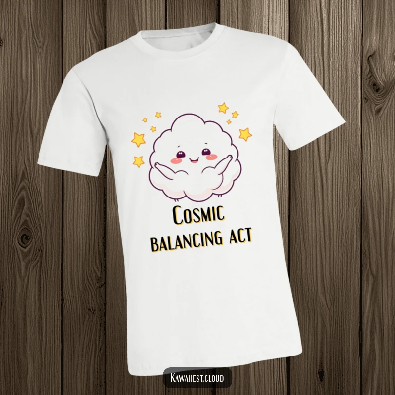 Funny t-shirt depicting a cloud character joyfully juggling luminous stars, capturing a sense of wonder and lighthearted fun.
