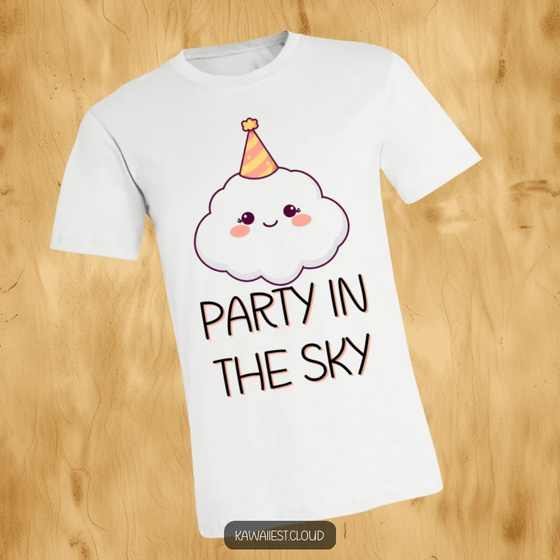 Funny T-Shirt showcasing a happy cloud character joyfully wearing a tiny, festive party hat.
