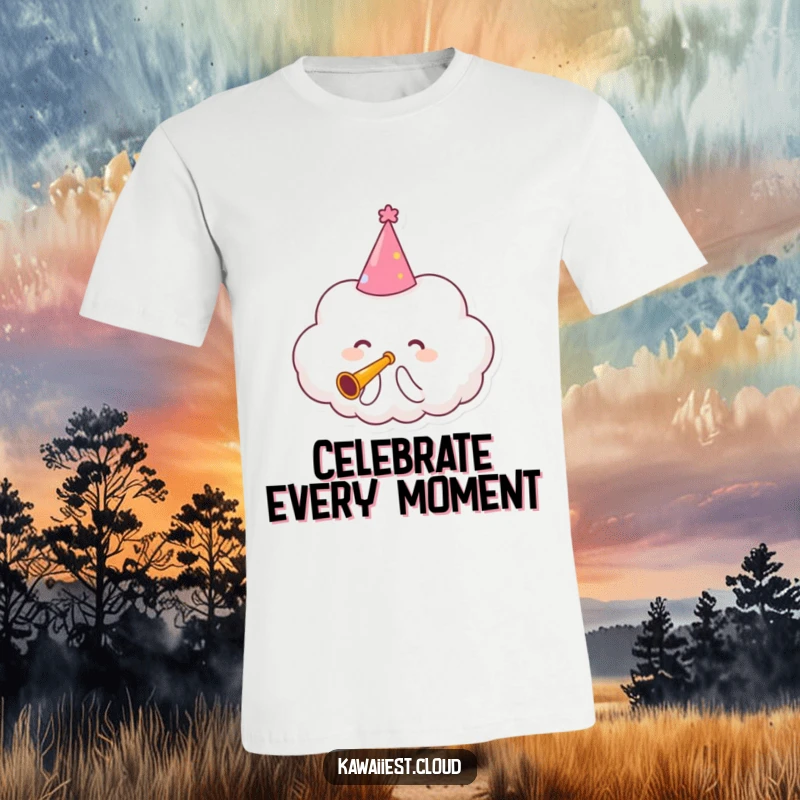 Funny T-Shirt of a cloud character wearing a party hat and enthusiastically playing a tiny trumpet.