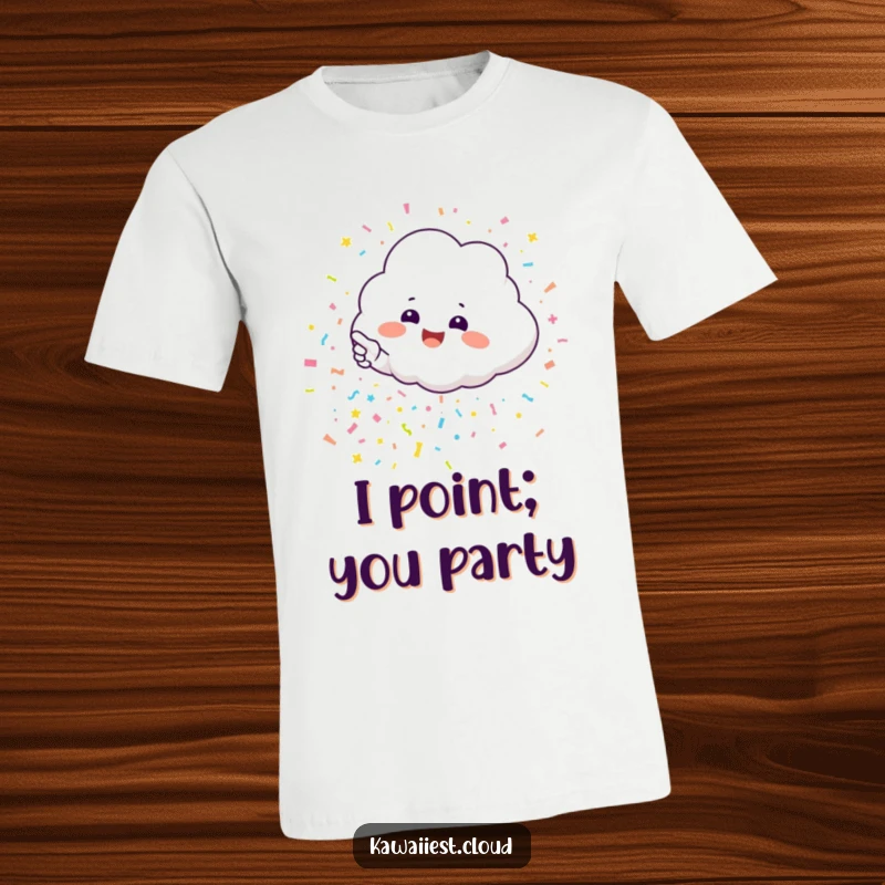 Funny t-shirt featuring an excited cloud character enthusiastically pointing towards a shower of bright, cheerful confetti.