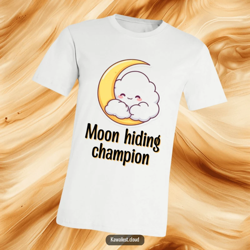 Funny Cloud T-Shirt with a mischievous character peeking from behind a crescent moon, perfect for casual wear.