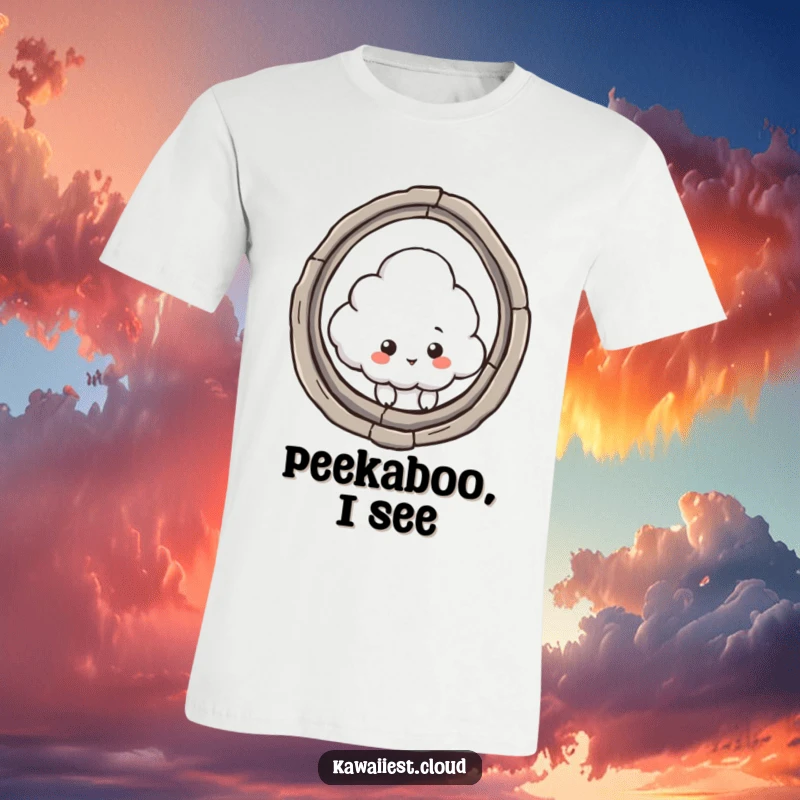 Funny t-shirt showing a cloud character curiously peeking through a giant keyhole, hinting at secrets and playful exploration.
