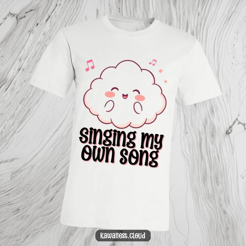 Funny t-shirt with a happy cloud character joyfully humming a song, illustrated with soft colors and musical notes.