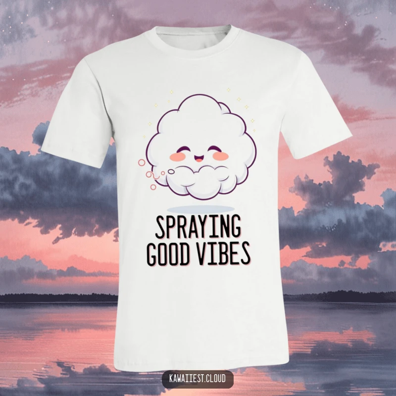 Funny t-shirt with a giggling cloud character spraying a magical, glittering mist, embodying pure mirth and delight.