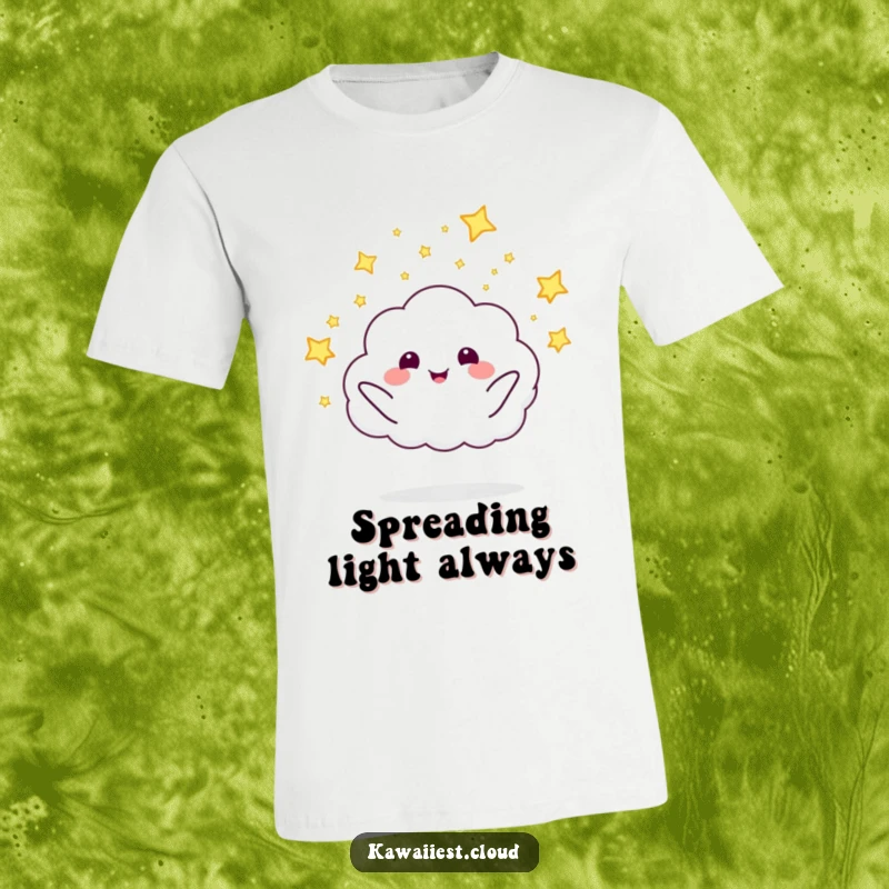 A smiling, funny cloud character gleefully launching tiny, luminous fireflies in this whimsical t-shirt design.