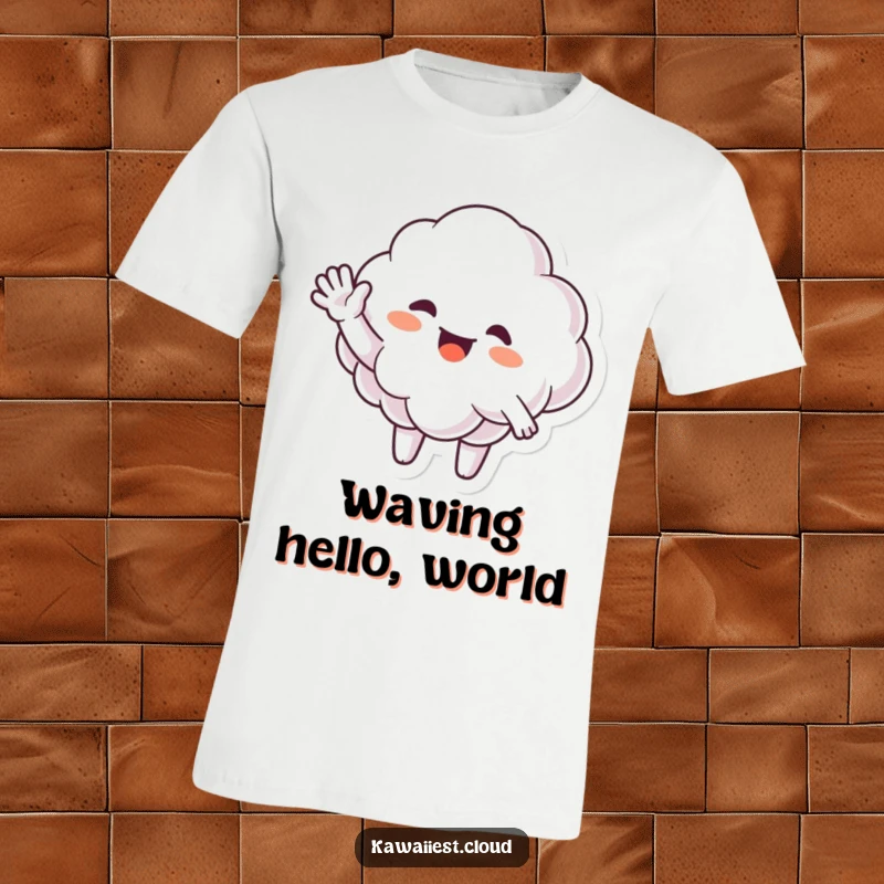 Funny T-Shirt showcasing a cheerful cloud character giving a large, enthusiastic, and welcoming wave.
