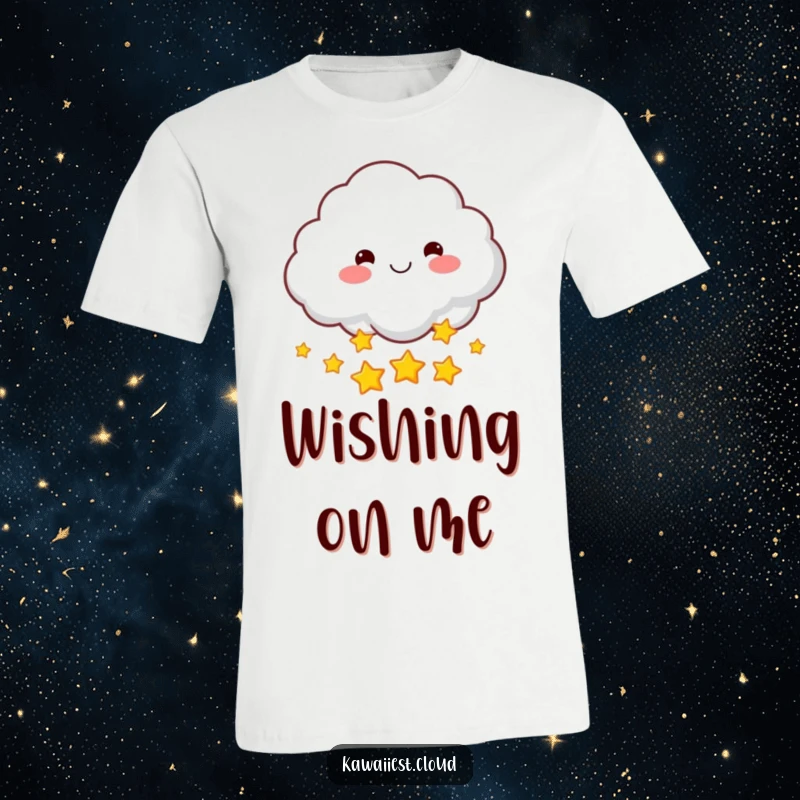 Funny t-shirt with a rosy-cheeked cloud character smiling as they throw sparkling stars. Magical and humorous apparel.