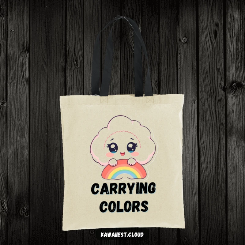 Funny cloud tote bag, a delighted cloud with big eyes watches a rainbow form, a symbol of joy and hope.