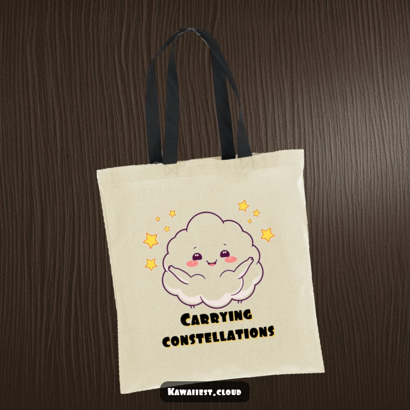 Funny tote bag adorned with a cloud character gleefully juggling stars, perfect for carrying items with a whimsical, joyful touch.