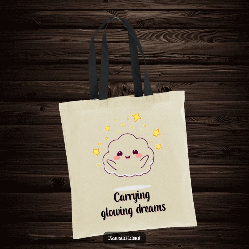 Smiling funny cloud character enthusiastically launching tiny fireflies on this whimsical and practical tote bag.