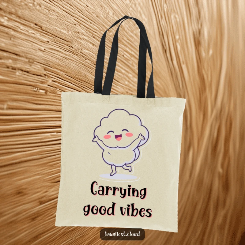 Funny tote bag depicting a cloud character energetically dancing, ideal for carrying daily items with a dose of humor.