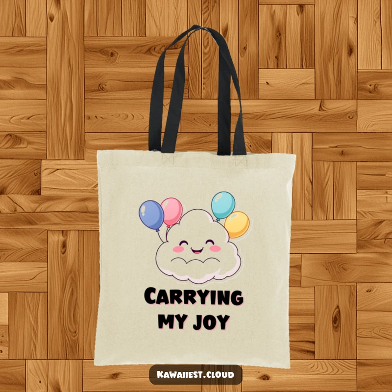 Funny tote bag featuring a happy, grinning cloud character floating with a cluster of colorful balloons. Practical and humorous accessory.
