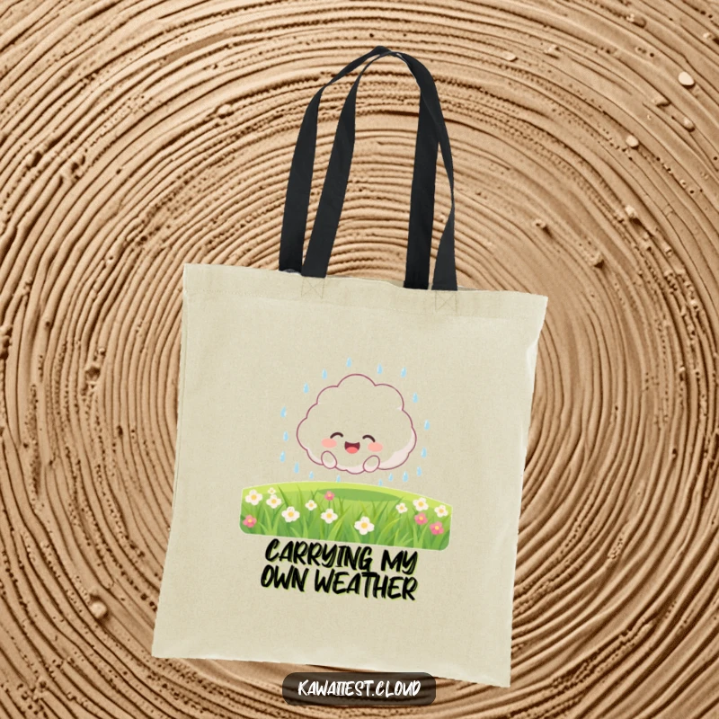 Funny Tote Bag: Joyful fluffy cloud character showering a field with gentle rain, practical and charming accessory.
