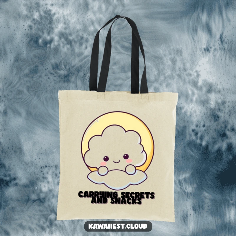Funny tote bag featuring a happy cloud character peeking from behind a moon, perfect for shopping and spreading joy.