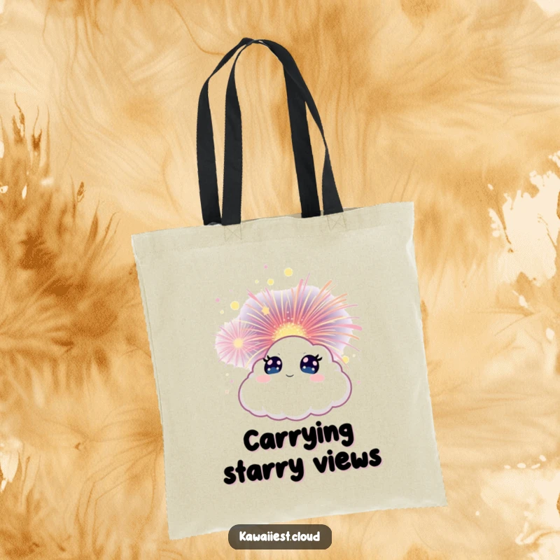 Funny Cloud Tote Bag featuring a character with wide eyes, watching a magical firework bloom, perfect for daily use.