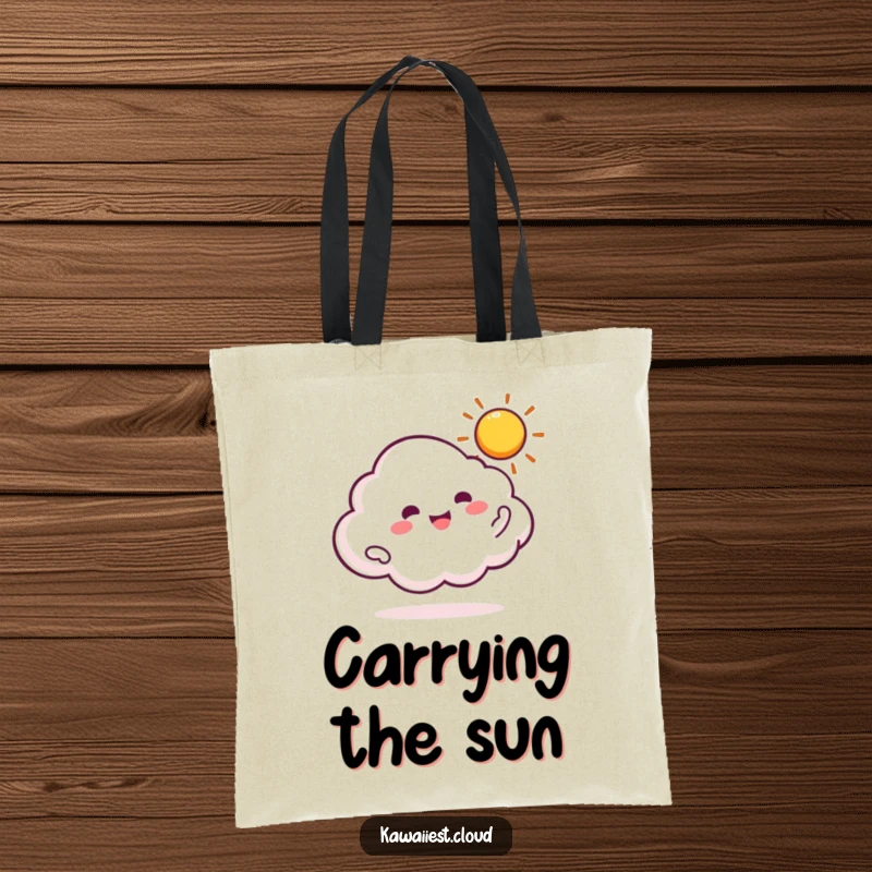 Funny tote bag illustrating a cloud character joyfully twirling a bright, shining sun.