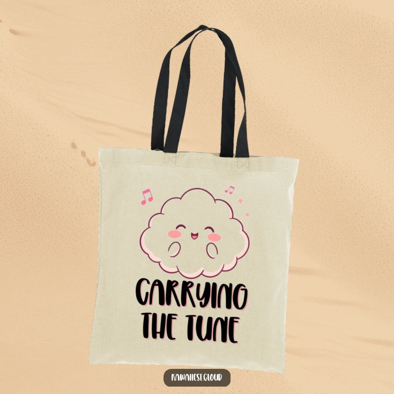 Funny tote bag featuring a blissful cloud character humming a delightful tune, great for carrying daily essentials.