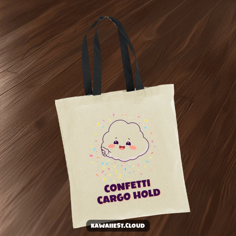 Funny tote bag showcasing an excited cloud character pointing towards a vibrant, falling stream of cheerful confetti.