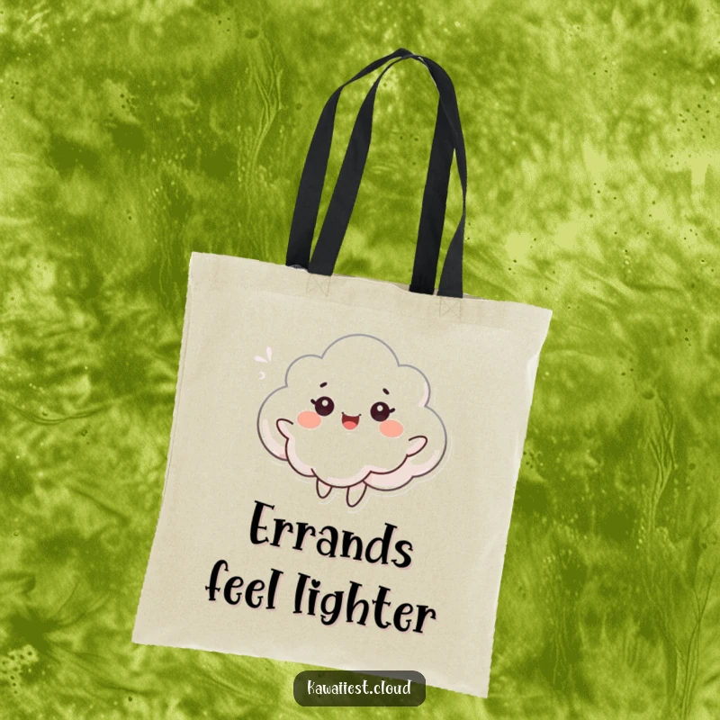 Funny tote bag depicting a cloud character joyfully dancing in a gentle breeze with expressive eyes. Whimsical and practical.