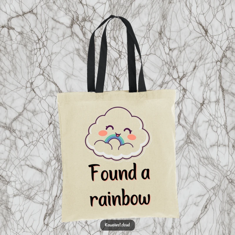 Funny Cloud Tote Bag: A practical tote featuring a cloud with surprised delight at discovering a tiny, smiling rainbow, perfect for carrying joy.