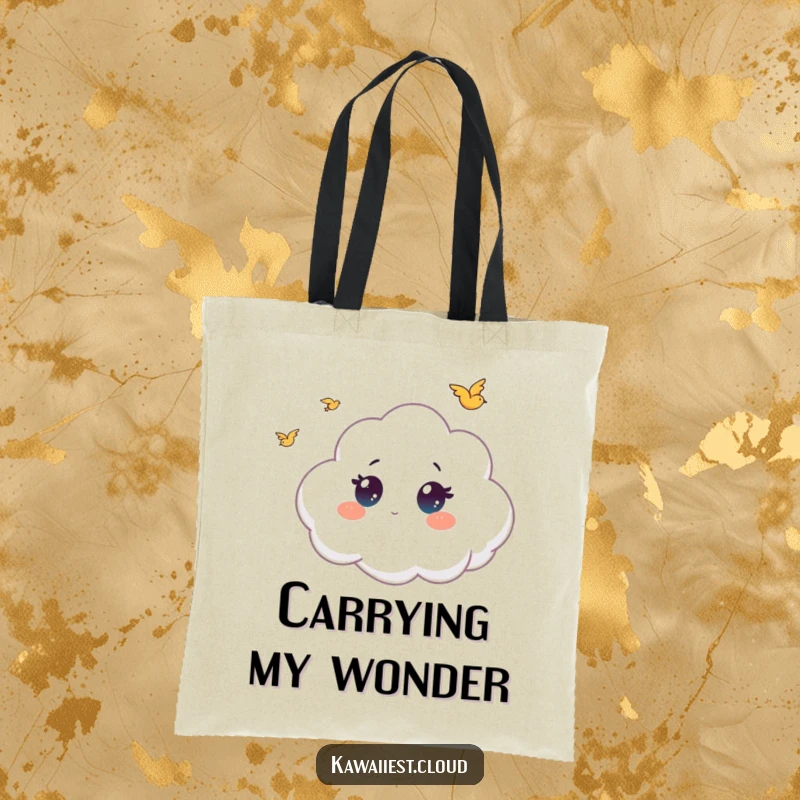 Funny tote bag featuring a cloud character with large, curious eyes, watching small birds fly, adding charm to daily tasks.