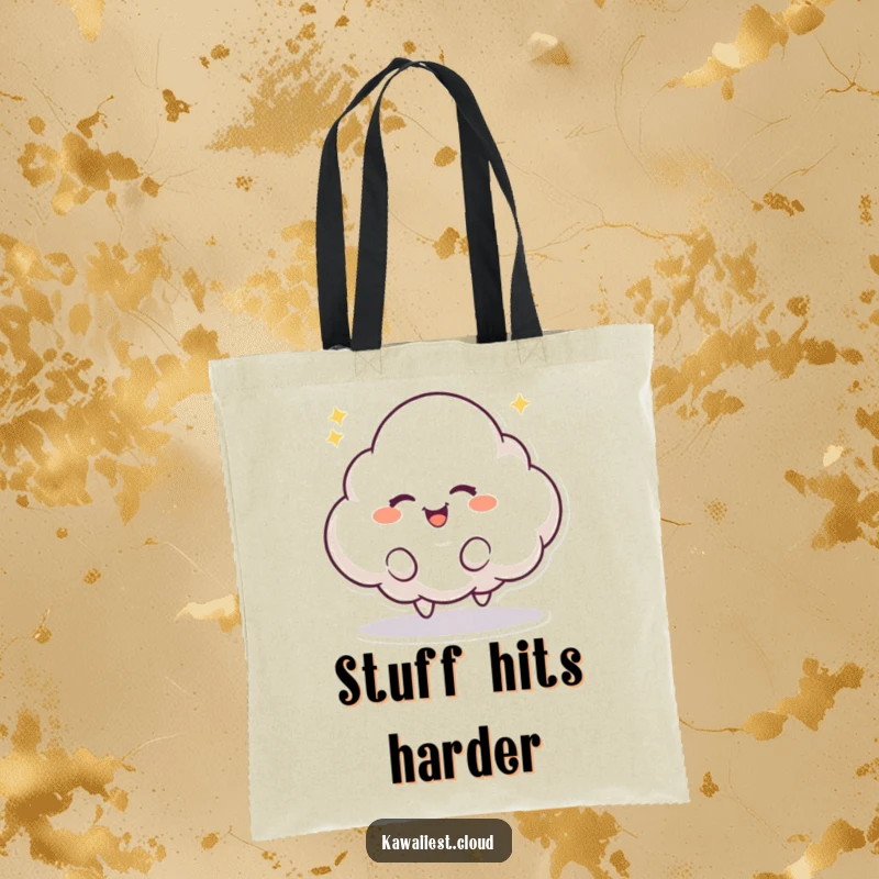 Funny tote bag depicting a playful cloud character with a mischievous twinkle, bouncing with excitement. Whimsical and practical.