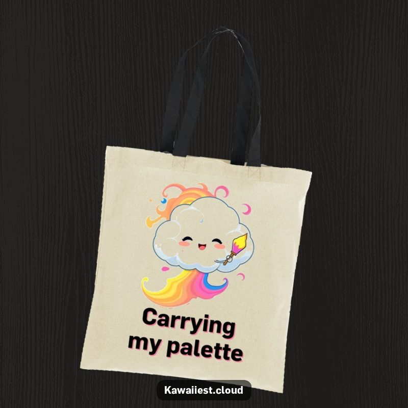 Funny Tote Bag showcasing a cloud character playfully painting a dazzling, multi-colored sky with energetic swirls.