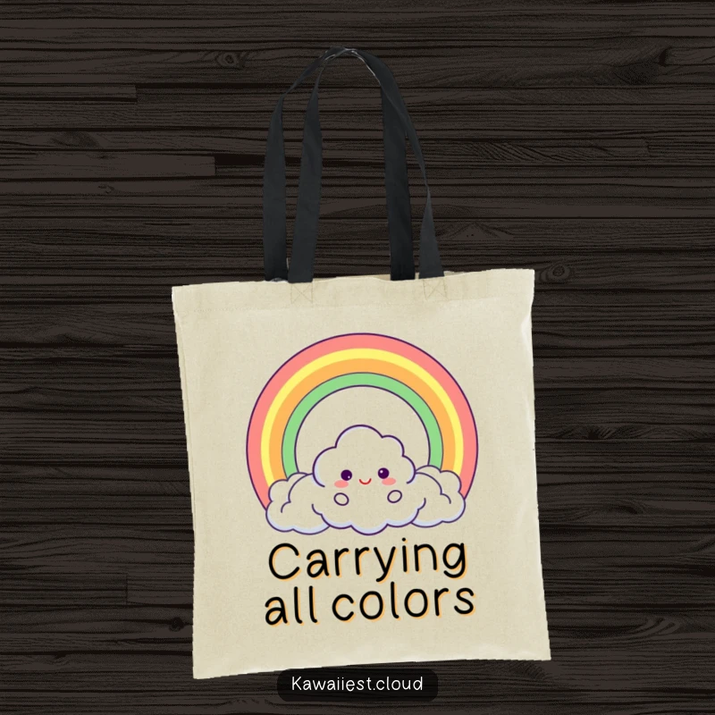 Funny Tote Bag illustrating a whimsical cloud character creating a perfect circle rainbow, perfect for carrying your magical belongings.