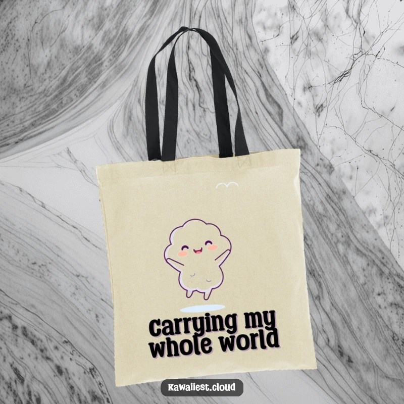 Funny tote bag featuring a whimsical cloud character in mid-dance, bringing cheer and a lighthearted mood to everyday tasks.