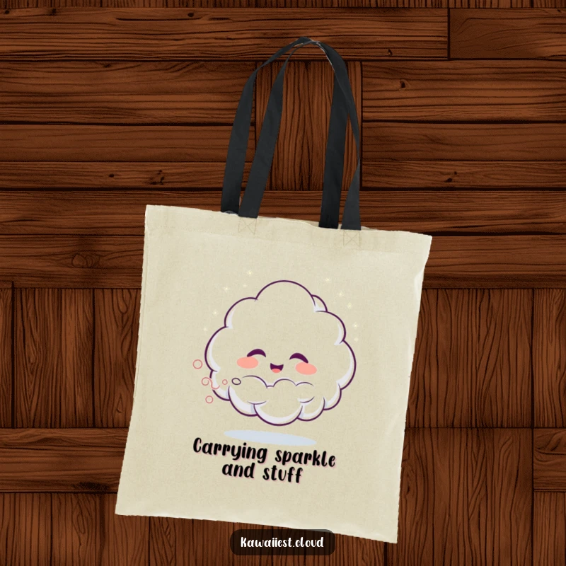 Funny tote bag featuring a giggling cloud character spraying shimmering mist, perfect for errands and spreading cheer.