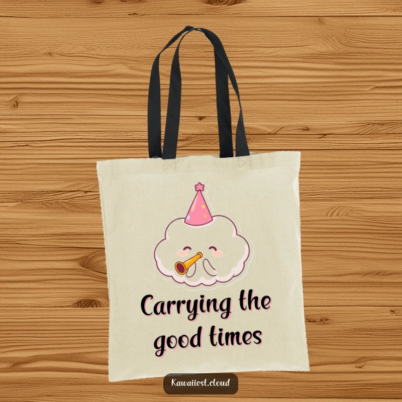 Funny Tote Bag featuring a cloud character in a party hat, blowing a tiny trumpet, ready to party.