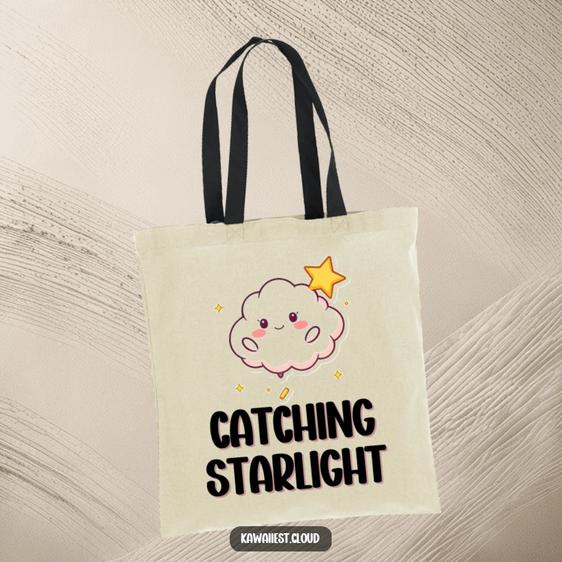 Funny Playful Cloud Tote Bag: A tote bag depicting a playful cloud character energetically bouncing a shimmering star.