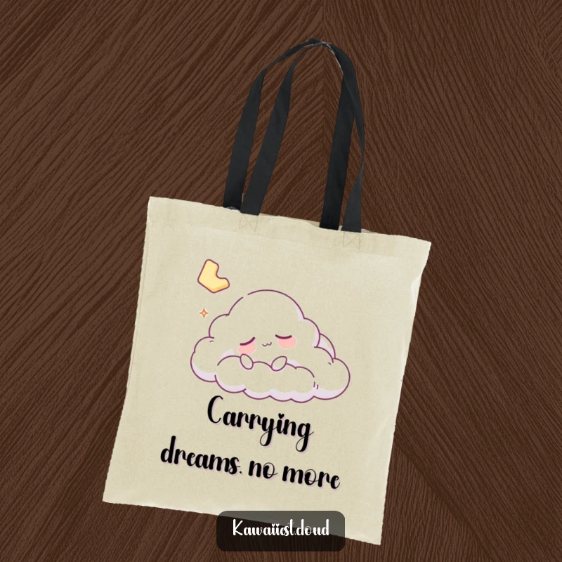 Funny sleepy cloud character relaxing on a durable tote bag, perfect for shopping or carrying daily items.