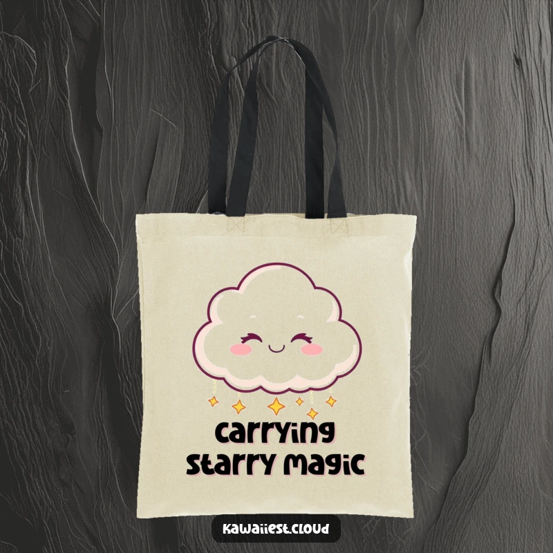 Funny Tote Bag: Smiling cloud character winking and dropping tiny, shimmering stars, perfect for carrying magic.