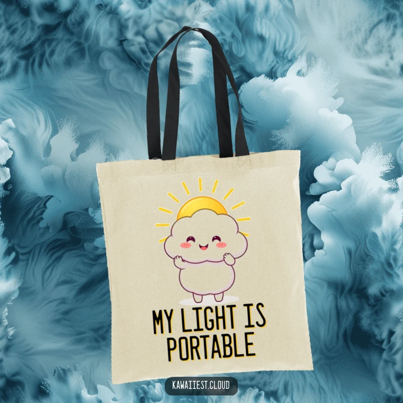 Funny Tote Bag: Happy cloud character holding and sharing a large, golden sunbeam, perfect for carrying sunshine.