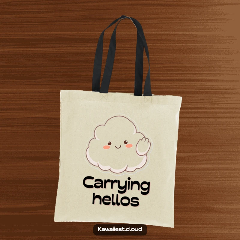 Funny tote bag featuring a cloud character with a fluffy arm raised in a hello wave, bringing cheer to everyday tasks.