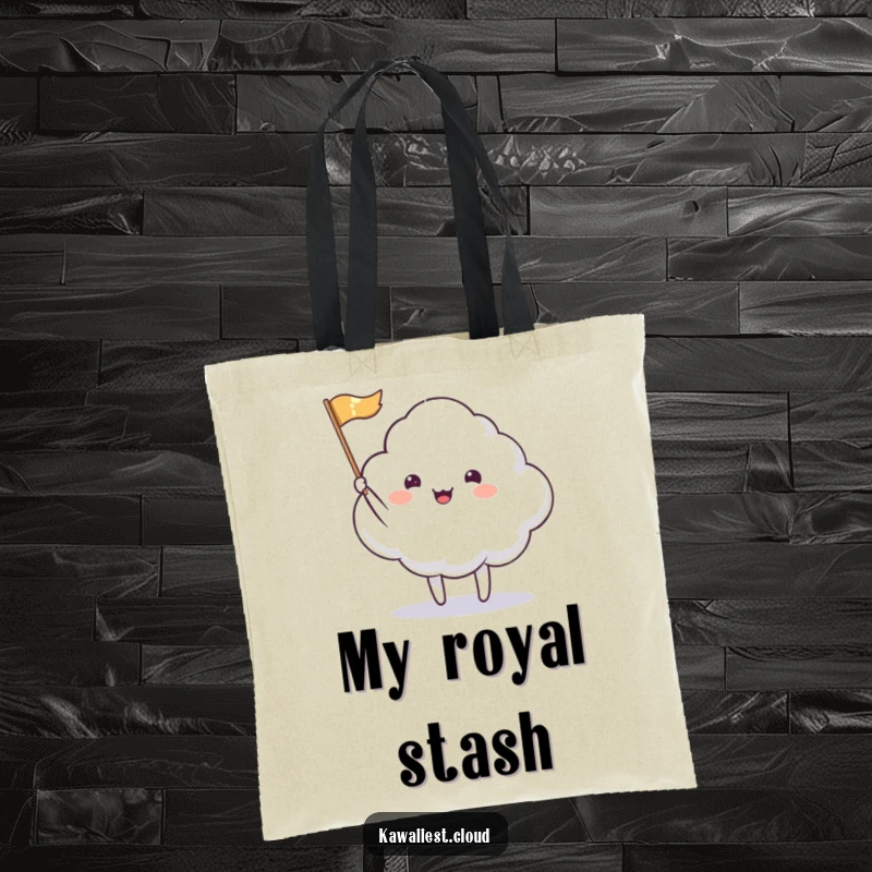 Funny Tote Bag: A happy cloud character waving a tiny, shimmering flag, perfect for carrying essentials with cheer.