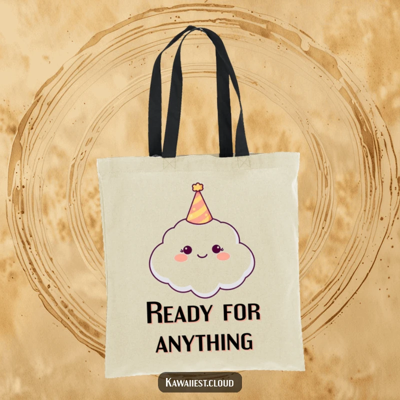 Funny Tote Bag printed with a happy cloud character wearing a small, festive party hat.