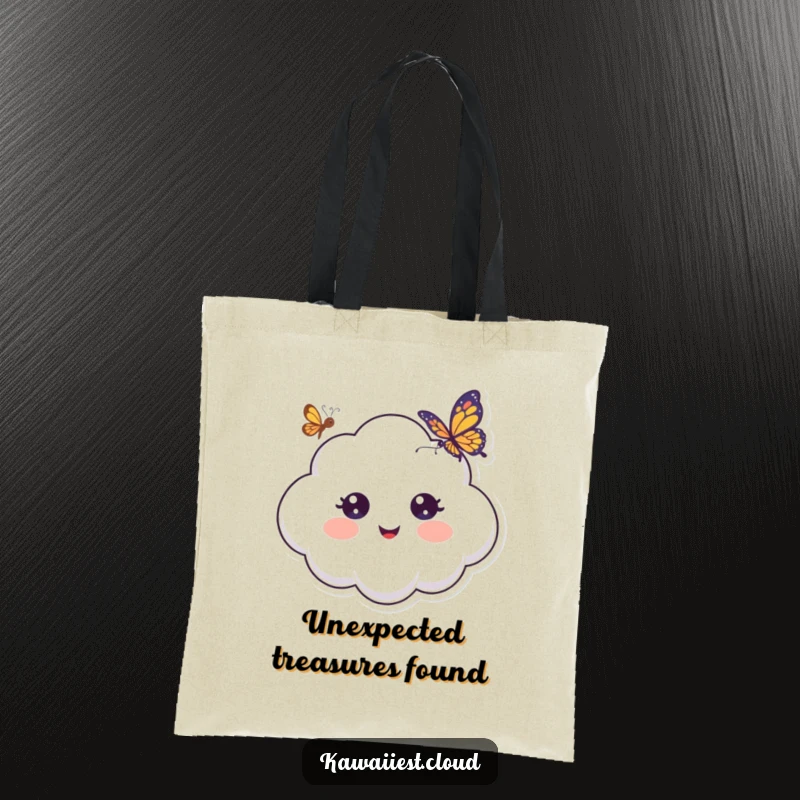Funny Tote Bag printed with a cheerful cloud character looking surprised with wide eyes at a beautiful butterfly.